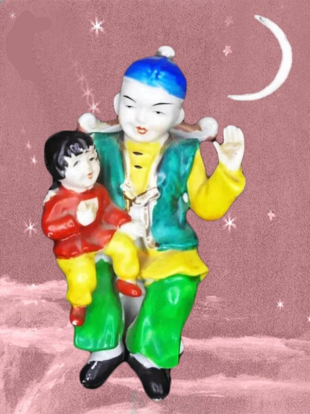 Vintage Asian Kitsch Figurine Colorful Decor Knick Knack, Father and Child